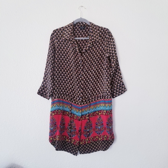 TOLANI Anthopologie Silk Bohemain Button Down Shirt Dress Tunic W Drawstring. - Picture 2 of 16